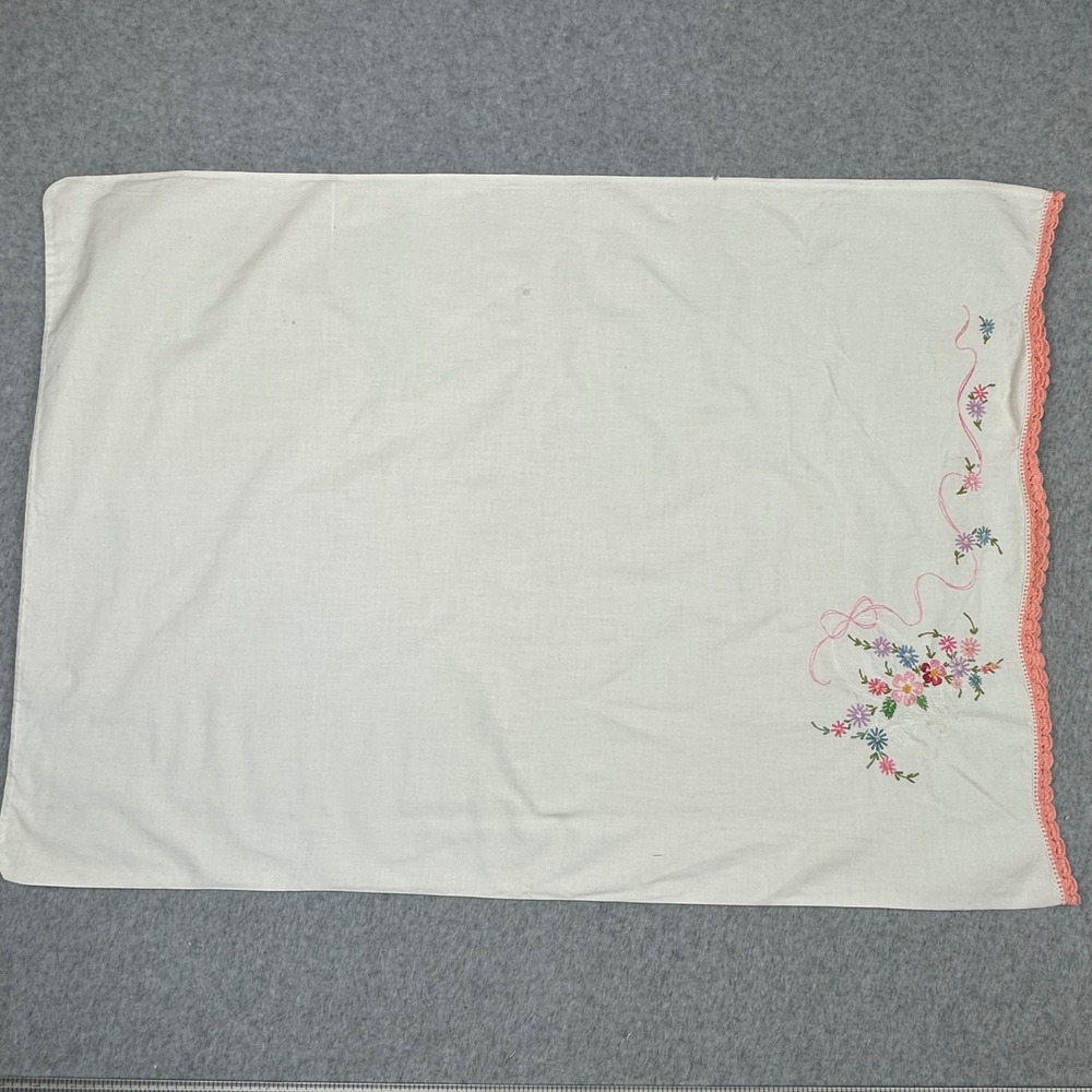 Vintage Hand Embroidered Floral Pillowcase White Cotton Peach Crochet Lace Trim - Picture 3 of 11